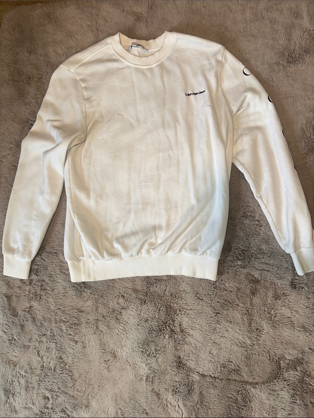 Calvin Klein Jeans Men's Cream Crewneck Pullover with Sleeve Detail